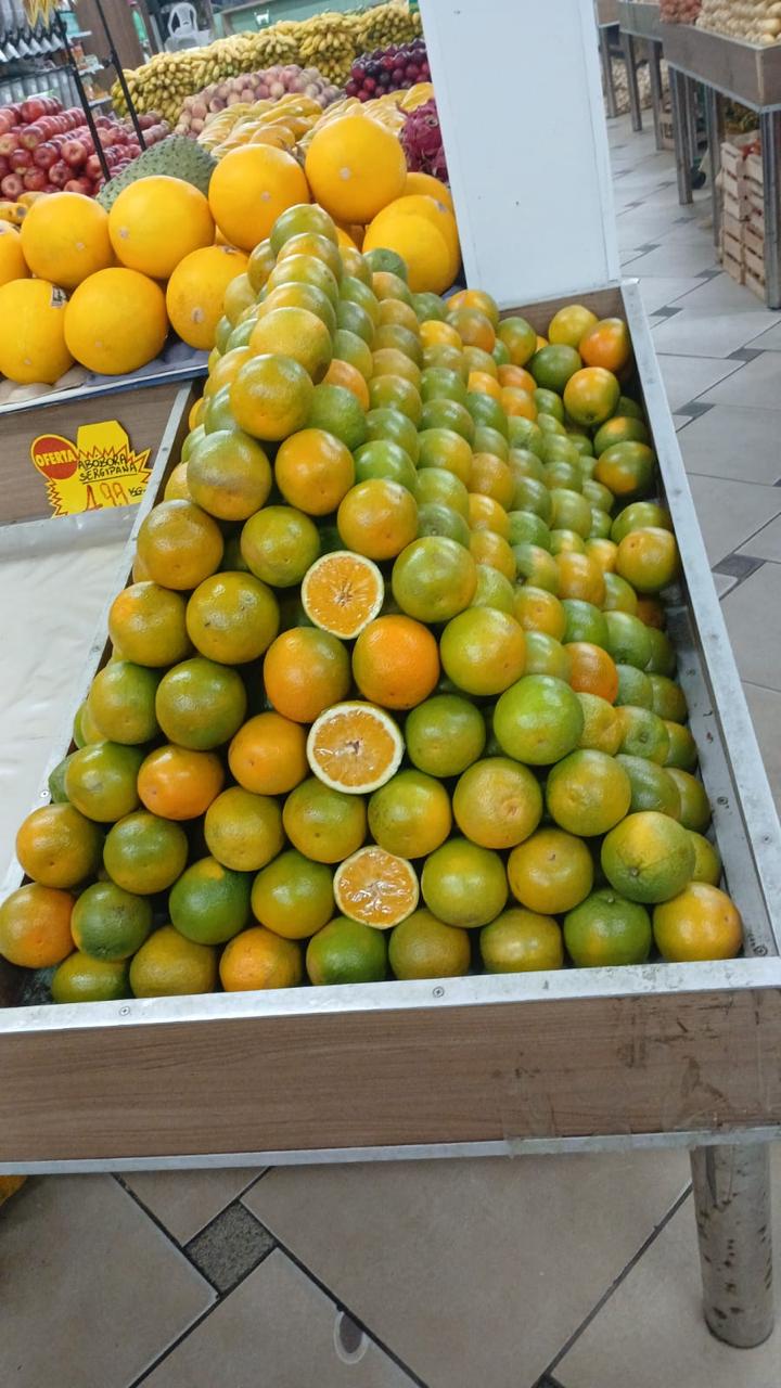 Laranjas e tangerinas frescas empilhadas na banca